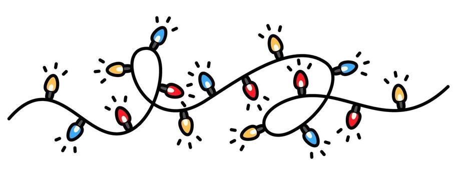 Garland with lights hand drawn in playful doodle sketch style. Hanging string with glowing bulbs illustrated with expressive strokes, decorative element isolated with simple festive charm. vector