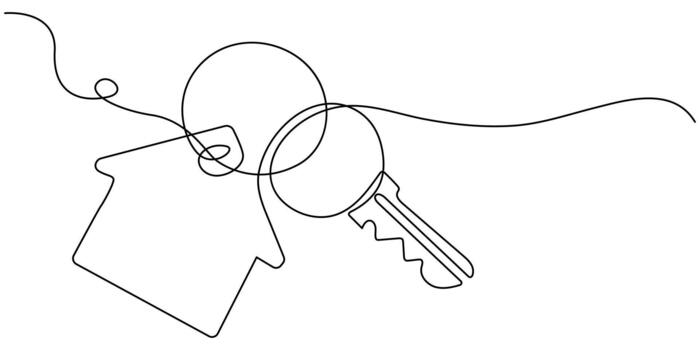 Continuous one line art drawing symbol of house keys, Simple key house outline drawing illustration. one continuous line drawing of Key house, A keychain house, Minimalistic icon, Real Estate Line. vector