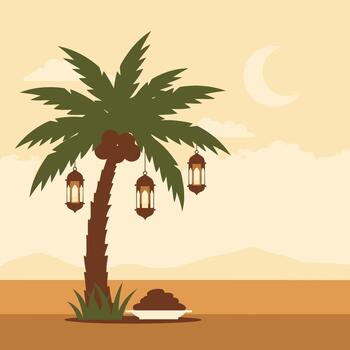 Desert Palm Tree with Lanterns under Crescent Moon vector