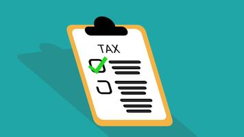 beskatta deklaration checklista animation. platt design rörelse grafik av fyllning beskatta form med penna och grön bock på kricka bakgrund. video