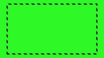 Animated Black Dashed Line Rectangle Frame on Green Screen. Moving loop of black dashed border stripes isolated on chroma key background for overlay video