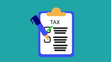 beskatta deklaration checklista Urklipp animation. platt design rörelse grafik av fyllning beskatta form med penna och grön bock på kricka bakgrund. video