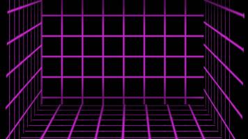 retro 80s synthwave neon rutnät tunnel bakgrund. trogen 3d violett trådmodell perspektiv rum slinga animation. video