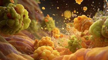 mikroskopisk se av cellulär strukturer med vibrerande färger och dynamisk rörelse, illustrerar biologisk processer i detalj video