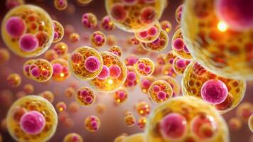 un' vivace microscopico Visualizza di cellulare strutture, in mostra loro intricato interno componenti e raggiante nuclei con un' diffuso, etereo sfondo video
