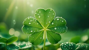 iper realistico quattro foglia trifoglio coperto nel brina raggiante dolcemente la creazione di un' vivace st patricks giorno visivo video