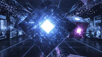 fascinerande abstrakt lysande kuber antända en kaotisk digital rike, omgiven förbi gnistbildning data strömmar och intensiv energi, symboliserar Avancerad trogen teknologi och komplex systemet arkitektur video