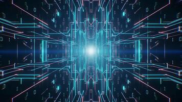 abstrakt trogen digital tunnel med lysande neon rader och binär koda, representerar teknologi och data strömma video