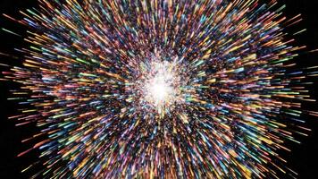 en dynamisk explosion av lysande, flerfärgad partiklar strålande utåt, skapande en mystisk och vibrerande kosmisk brista av abstrakt energi video