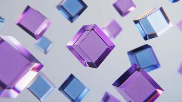 astratto animazione di traslucido viola e blu bicchiere blocchi galleggiante nel lento movimento al di sopra di un' puro bianca sfondo, morbido caustico riflessi, minimo disegno, elegante moderno stile, liscio telecamera scivolare video