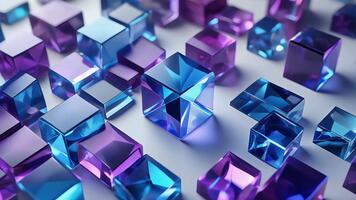 kristallliknande blå och lila block formning evolving geometrisk mönster på en sömlös vit bakgrund, slät övergångar, lysande ljus genom glas kanter, premie abstrakt animation. video