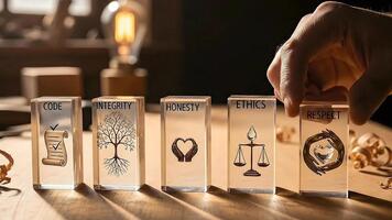 mano Selezione uno di cinque chiaro blocchi che rappresentano nucleo attività commerciale valori codice, integrità, onestà, etica, e rispetto video