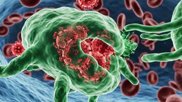 komplex mikroskopisk slåss 3d framställa av sjukdomsalstrande virus interagera med en värd cell, illustrerar de invecklad bearbeta av infektion och immun svar video