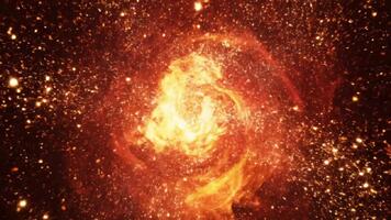 Mesmerizing cosmic explosion with fiery energy and swirling luminous particles in a vast, dark universe, symbolizing immense power and creation, a dramatic astronomical event video
