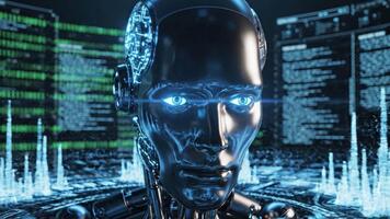 futurista de robot mirada ai y tecnología en atención con digital datos monitor video