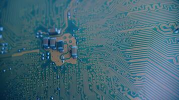 macro de un circuito tablero con visible soldar puntos y impreso caminos, capturado en lento rotación para electrónica, hardware y tecnología visuales video