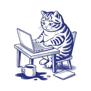 Cute Cat Using Computer at Table vector