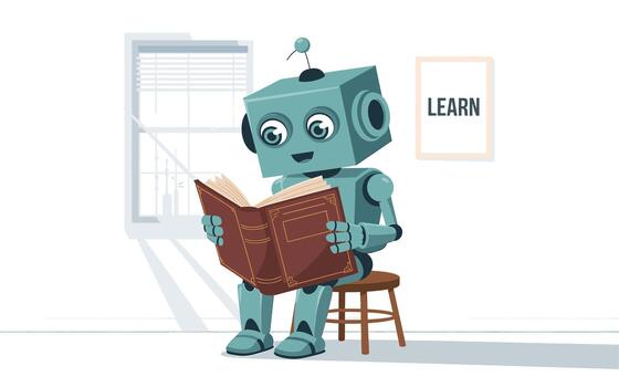 A robot reading a book while sitting on a stool in a room with a learn sign vector