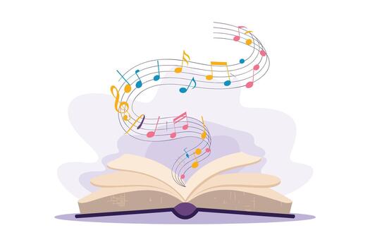 An open book with colorful musical notes floating above it on vector