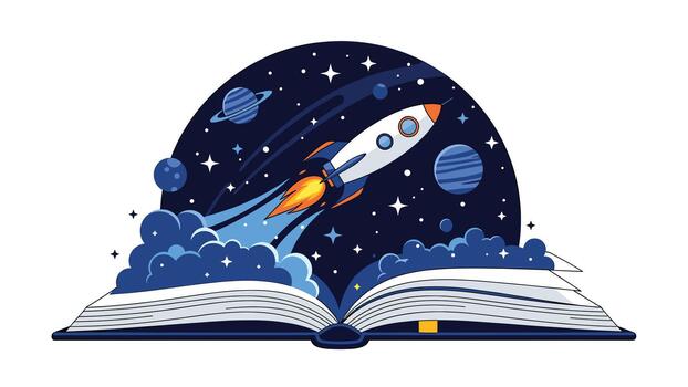A rocket ship emerging from an open book into a starry night sky with planets vector