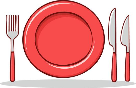 rojo plato ajuste con tenedor y cuchillos ilustración de comida sitio ajuste vector