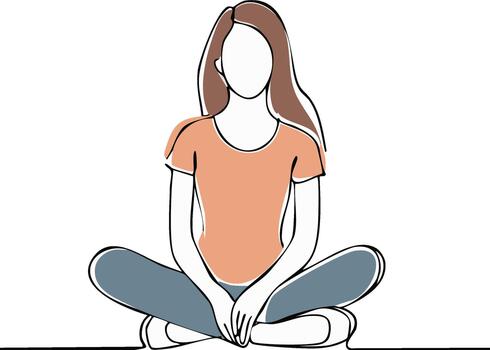 Line art of woman sitting cross-legged in simple illustration on white background, single continuous line drawing, minimalistic style vector