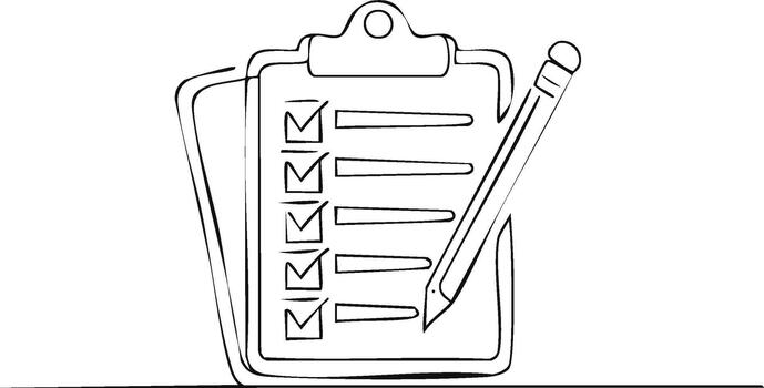 sencillo contorno dibujo de un Lista de Verificación en un portapapeles con lápiz, indicando varios artículos terminado vector