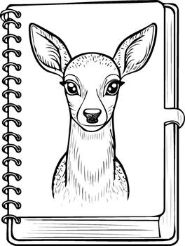 Notebook with Deer Sketch Open spiral notepad displays a wildlife illustration in line art style vector
