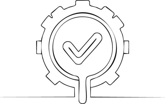 Gear with Check Mark Icon Continuous Line Drawing Settings Approval and Confirmation Symbol vector