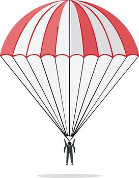 Parachute Descent with Small Silhouette Figure Floating from Above in Minimalistic Style, Red and White Canopy Design, Skydiving Activity vector
