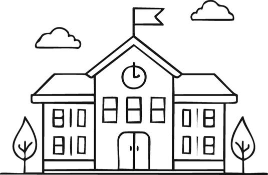 línea Arte dibujo de un educativo edificio con un bandera y reloj rodeado por arboles y nubes vector