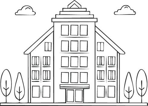 estilizado edificio ilustración con sencillo geométrico detalles y ventanas, árboles, y nubes vector