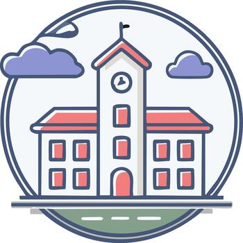Icon of School Building with Clock Tower and Cloudy Sky in Circle Frame vector