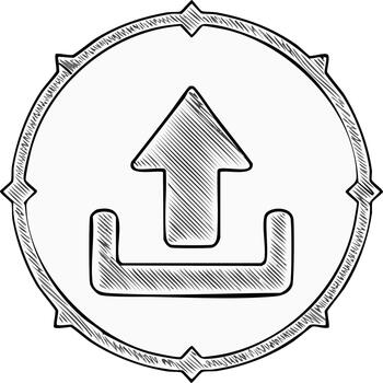 Hand-drawn style upload icon featuring an arrow pointing upward within a decorative circular frame for digital or print media vector