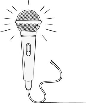 Illustration of a retro microphone with radiating light lines. Black and white drawing style ideal for singing or speaking concepts vector