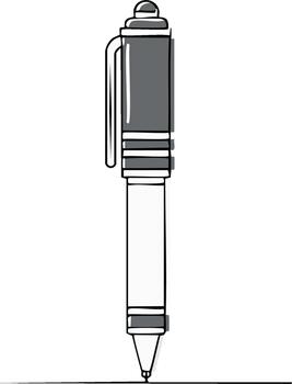 Close up of a pen with the cap on standing on its nib drawing a gray line on a white background for writing and sketching vector