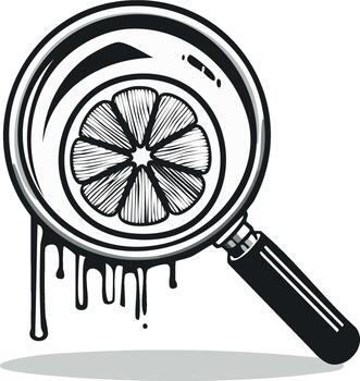 Detailed Magnifying Glass Icon Displaying Citrus Fruit Slice with Dripping Ink in Retro Style vector