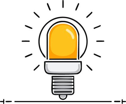 Illuminated yellow light bulb icon shining brightly with simple outline style and electrical base details vector