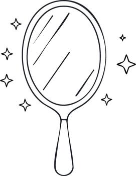 Hand Mirror with Stars Line Art. Elegant Reflective Object with Shine. Simple Sketch Style vector