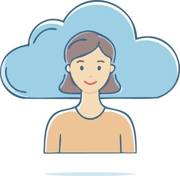 Flat illustration Woman in front of cloud. Symbol for data storage, information technology, remote access, and web services vector