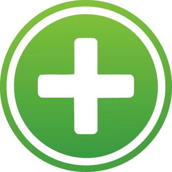 Green circle plus sign, icon with gradient for add, positive, addition, and help vector