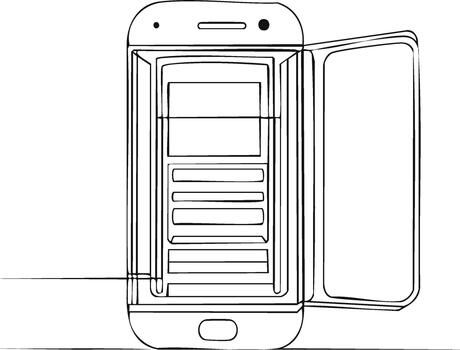 teléfono inteligente refrigerador metáfora conceptual línea arte, vacío estantería representando escasez y consumo vector