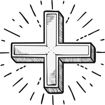 Hand drawn 3D plus sign symbol with shining rays in a black and white sketch style vector