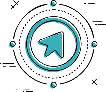 Hand drawn turquoise navigation pointer icon send message symbol with abstract doodle style lines and dots vector