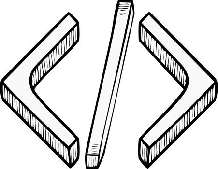Hand-drawn coding symbol elements in grayscale, simple illustration vector