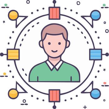 Man Surrounded by Connected Digital Nodes and Geometric Shapes vector