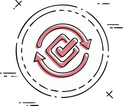 Continuous improvement and quality check process icon with check mark and refresh arrows doodle illustration vector