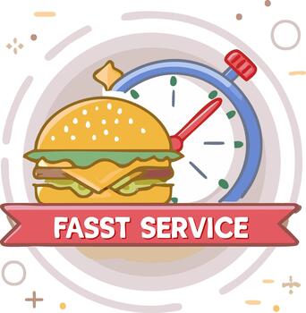 Hand-drawn hamburger with a timer and 'Fast Service' text banner, representing quick food delivery vector