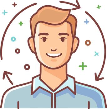 Smiling man with arrows and shapes, representing positive thinking and ideas vector