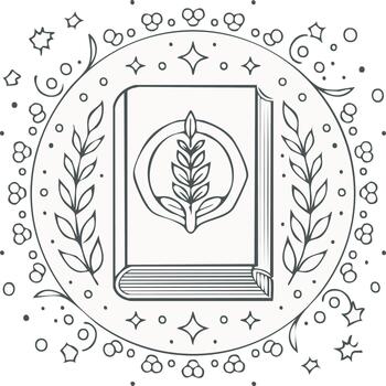 Stylized Open Book with Leaf Icon surrounded by Leaves and Stars in a Circular Frame vector